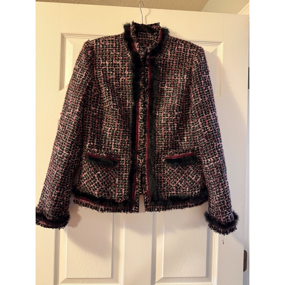 DS Essentials Pink Black Tweed Faux Fur Trim Jacket Velvet Accents Size 8